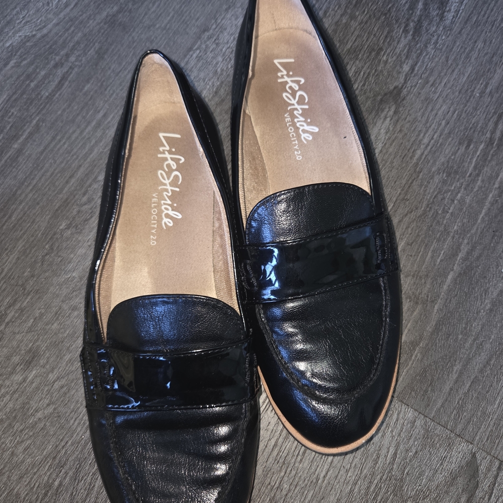 Life Stride Black Patent and Leather Penny Loafers - Women's Slip-Ons